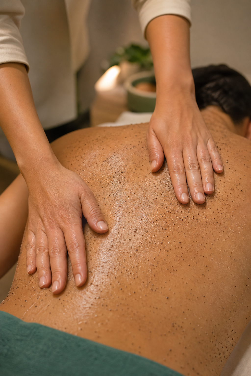 Esfoliação corporal nas costas em ambiente de spa